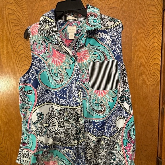 Chicos Sleeveless Cotton  Pocket Multi Print Fabrics Button up Shirt 2 - Picture 10 of 10